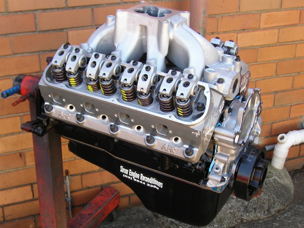 Ford 347 Stroker Engine with a Custom Mechanical Camshaft, Airflow Research Heads, Mexican Block, Roller Rockers, Scat Forged Rotating Assembly, etc. Shown with Temporary Sump.