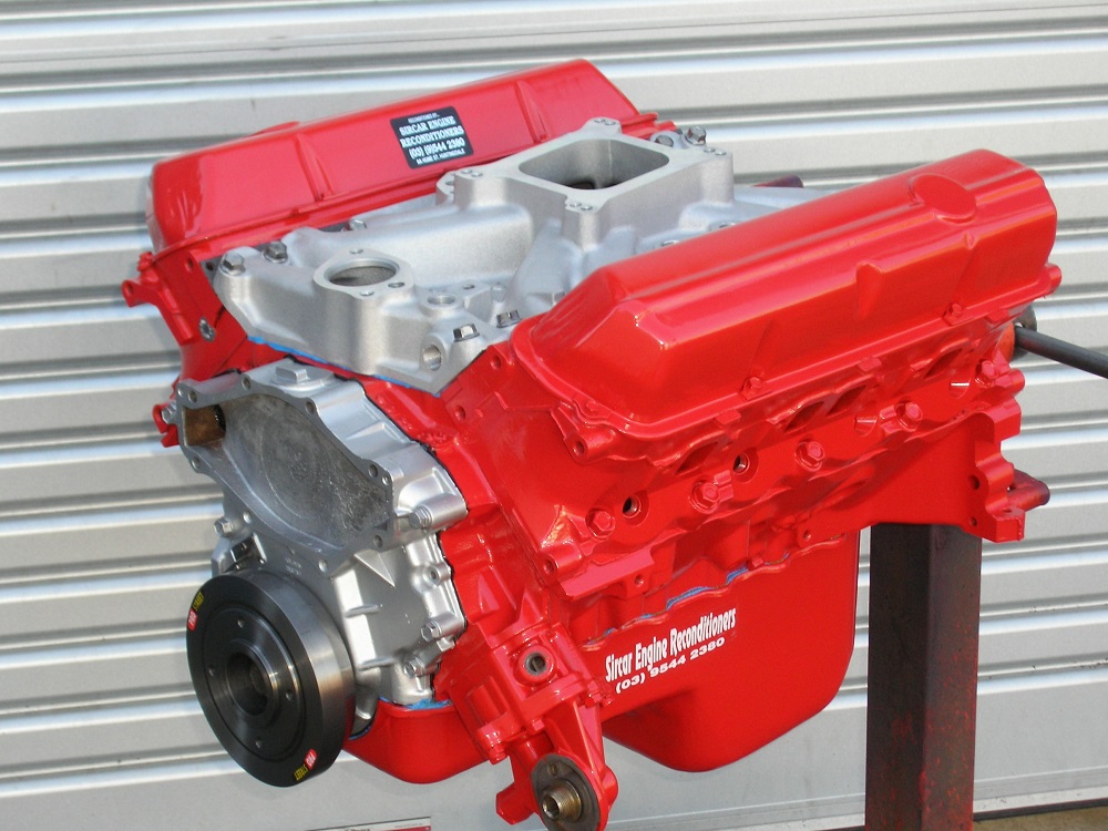 Holden 308 Red Motor Reconditioned to Stage 2. Shown with Inlet Manifold and Harmonic Balancer Fitted.
