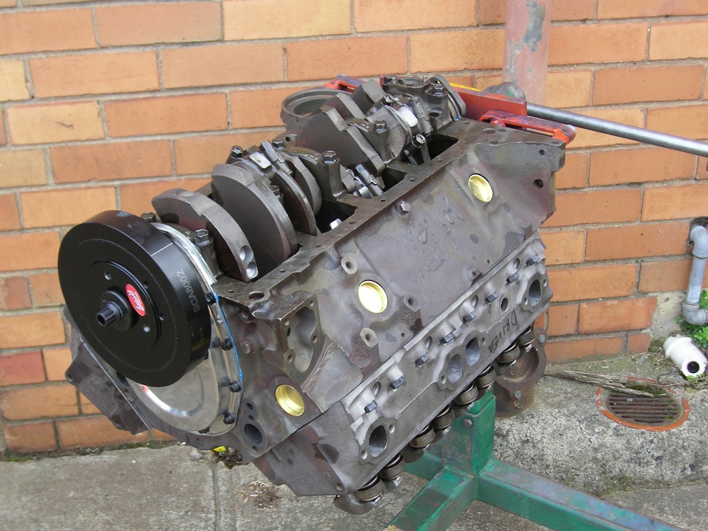 Chev 350 Sports Motor Showing Underside with Sump Removed. Unpainted.